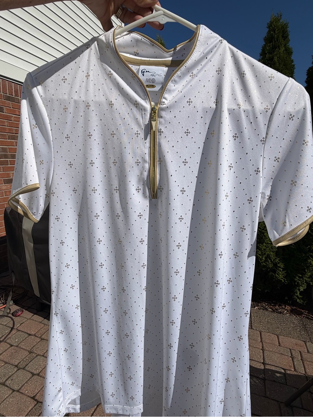 Shark White Short Sleeve Zip Golf Polo with Gold accents and Trim